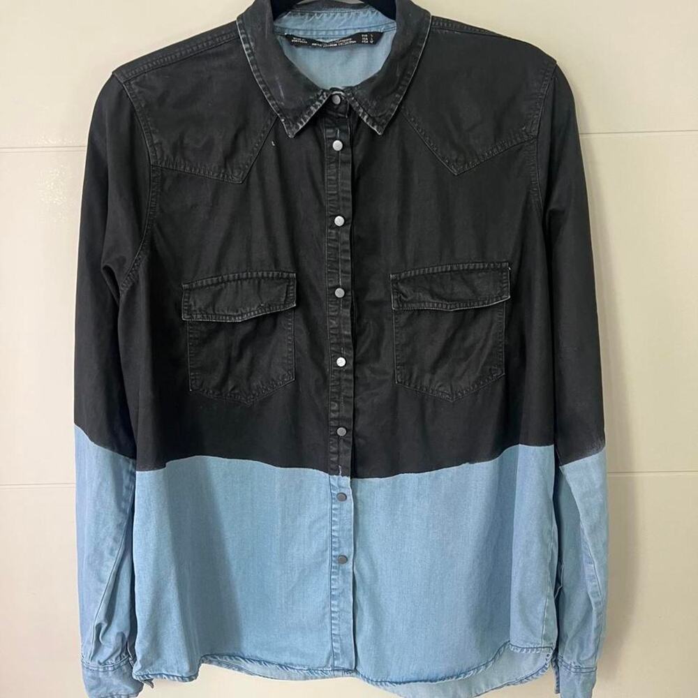 Zara woman premium denim collection western black color-blocked snap button